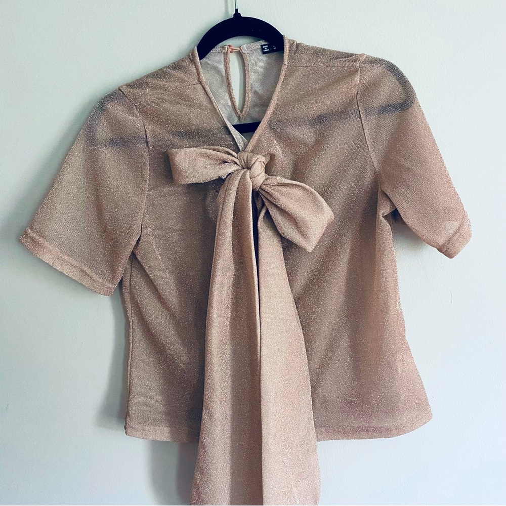 SHEIN Women's Light Mauve Pink Sheer Short Sleeve Blouse Top w. Bow Size Medium